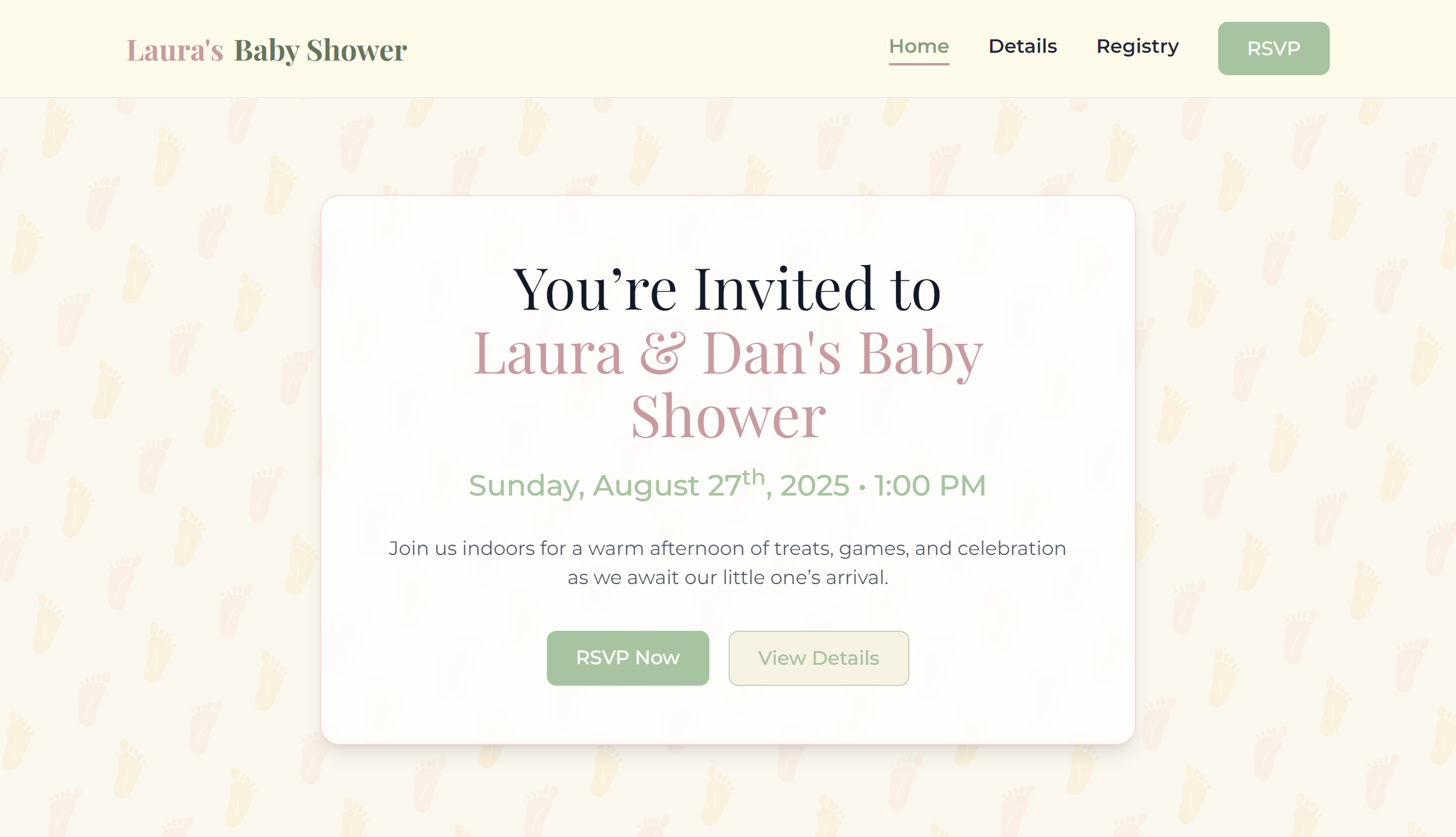 Screenshot of Dan & Laura’s baby shower landing page